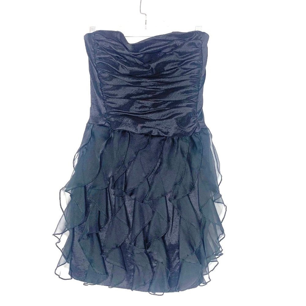 Caché Little Black Dress Strapless Lined Chiffon Ruffles Pleated Bodice Size 8